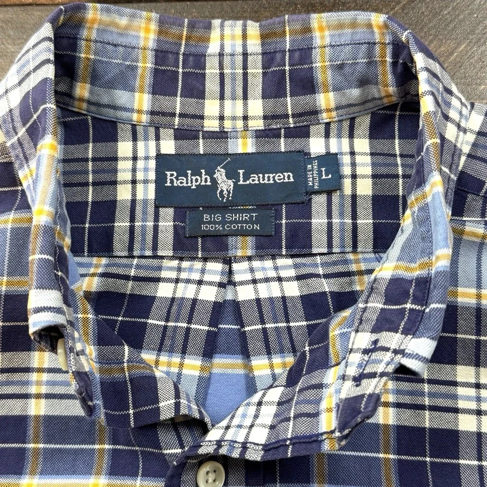 Polo Ralph‎ Lauren BIG Shirt Men Lg Blue Plaid Cotton Button Down Oxford Shirt